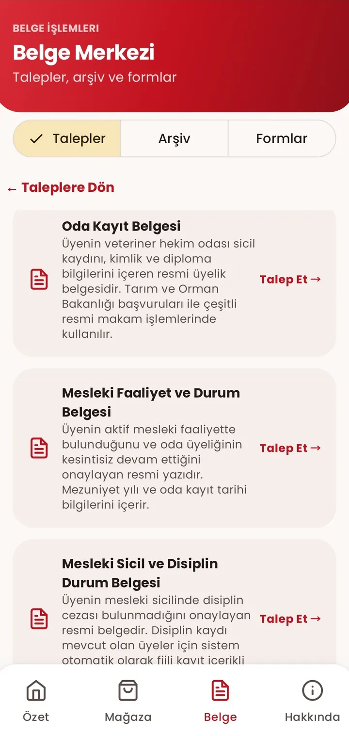 Mobil uygulamada belge merkezi: oda kayıt belgesi ve mesleki faaliyet belgesi talepleri