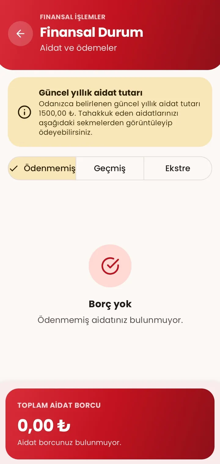 Mobil uygulamada finansal durum ekranı: yıllık aidat tutarı ve toplam aidat borcu