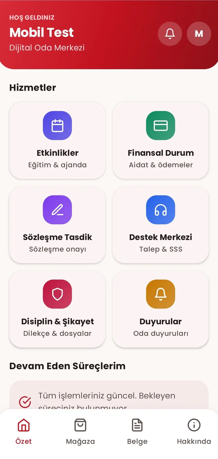 Mobil uygulamanın ana ekranı: etkinlikler, finansal durum, sözleşme tasdik ve destek merkezi